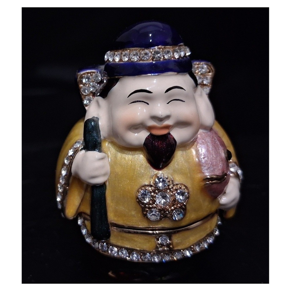Ebisu Japanese Lucky God Trinket Box Enamel Rhinestone Hinge Magnetic Miniature